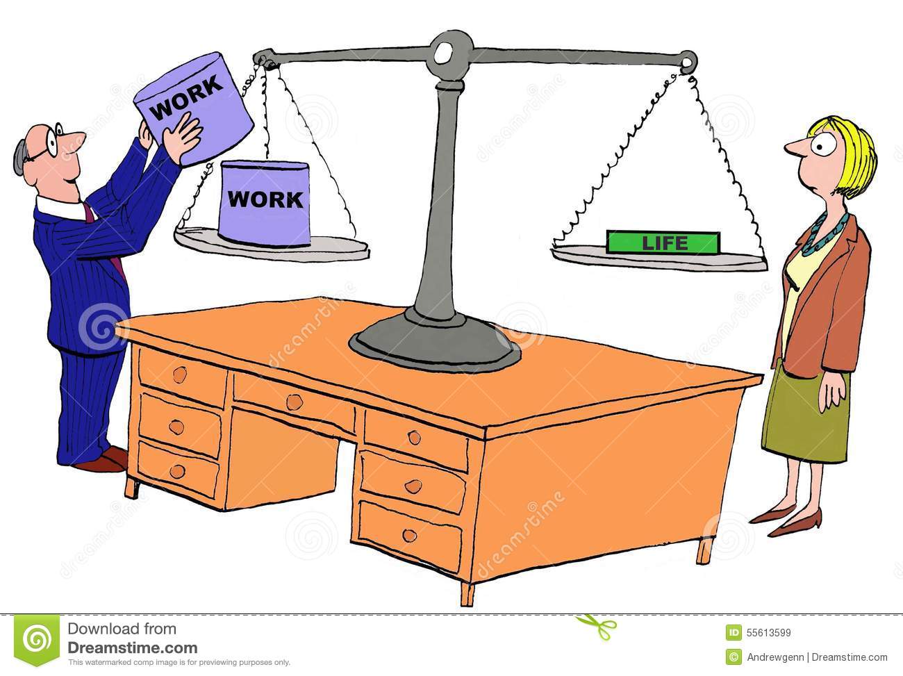 lack-work-life-balance-business-cartoon-business-boss-adding-more-businesswoman-to-scale-55613599